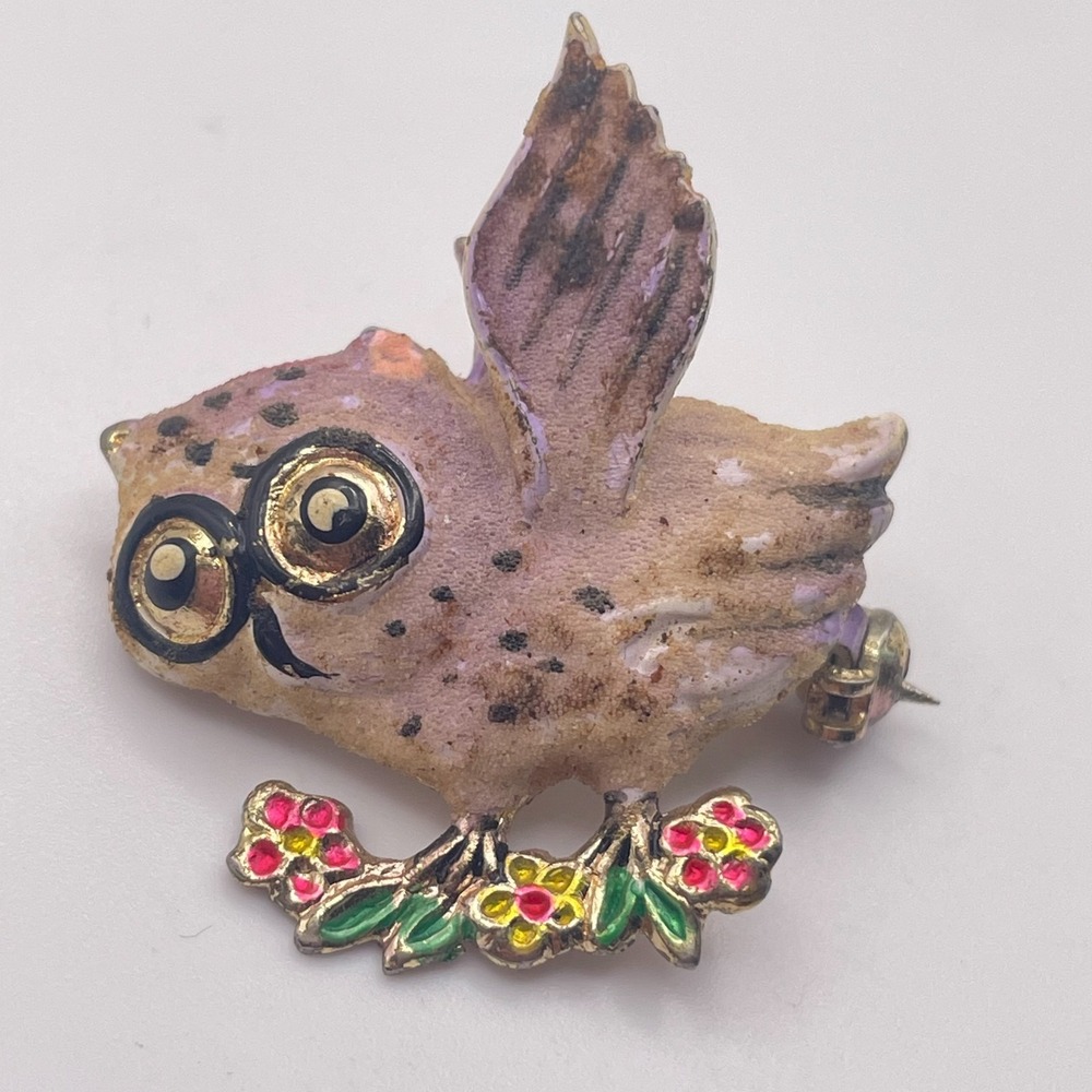 Vintage Gold Tone Pink Enamel Owl with Glasses on Flower Branch Brooch Pin Retro